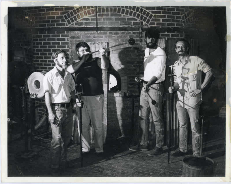 1984 First group of Volunteer Glassblowers, Frank Stubbins, Jeff Vanaman, Don Friel, and Don Pettifer