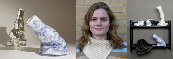Marie Retpen headshot and her various glass sculptures