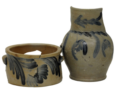 Salt-glazed stoneware cake pot and pitcher with cobalt blue decoration, 1870s. Photograph courtesy of AECOM and PennDOT.