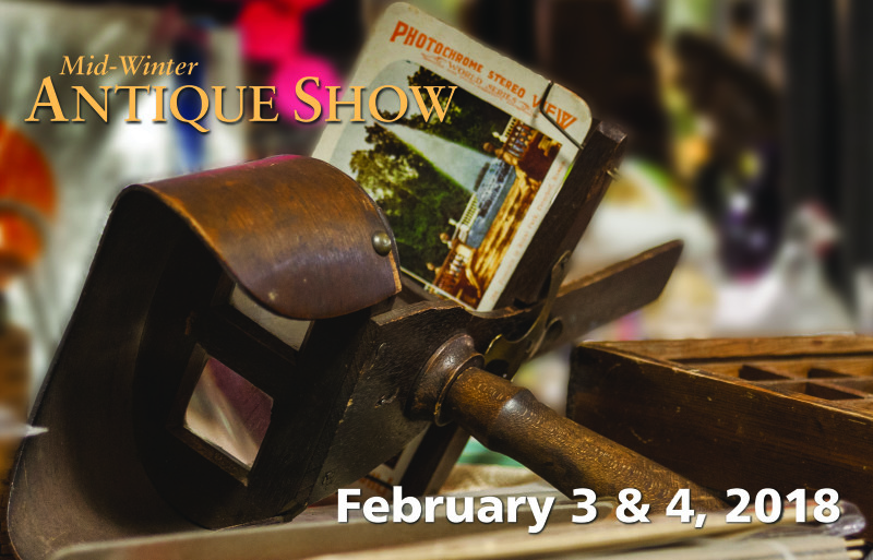 Banner. Mid-Winter Antique Show on February 3 & 4, 2018. Background photo of a vintage stereoscope.