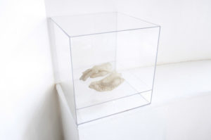 Translucent parchment and silk thread in the shape of two human hands inside glass box