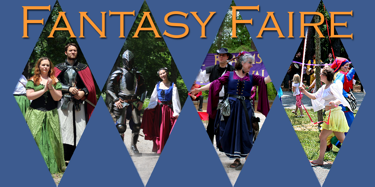 Banner for Fantasy Faire. Background contains four diamond shaped images of various performers.