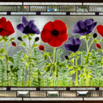 A glass panel of a row of red and purple flowers by Karen Caldwell