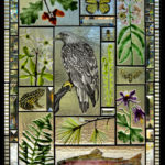 Glass panel with sections each depicting various plants, a rendered fish, frog, butterfly, bee, moth, and an eagle by Karen Caldwell