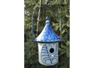 Blue and white ceramic birdhouse by Dana Eldreth