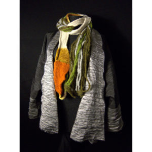 A grey jacket and orange, white, and green scarf by Noriko Iizuka