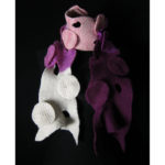 A purple, pink, and white scarf adorned with large circles matching the color segment. Created by Noriko Iizuka