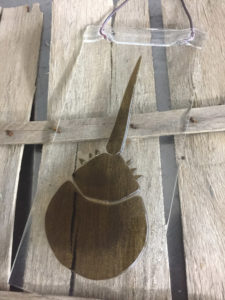 Glass panel with a horsehow crab motif by Scott Manns
