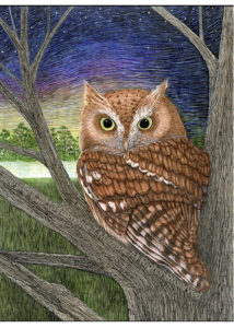 Painting of a nighttime scene depicting a Great horned owl in a tree overlooking the wilderness by Ramona Maziarz.