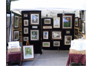 A collection of Ramona Maziarz's paintings in a booth setting. Each painting is in a deep colored frame with white matting.