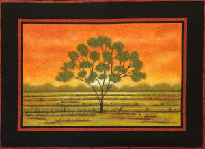An acrylic painting on cotton depicting an open land with a rich orange sunset and a large tree with bunches of green leaves in the center of the piece, surrounded by a deep black frame
