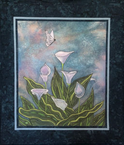 An acrylic painting on cotton depicting a soft purple butterfly descending onto matching purple flowers with green stems and leaves with a deep blue frame.