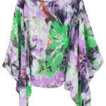 Purple and green floral pattern shirt with a wide neck and long flowing sleeves by Marguerite Swope