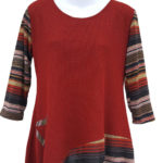 Deep red shirt by Marguerite Swope with three quarter striped sleeves