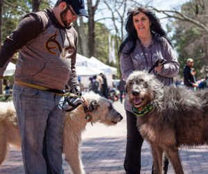 Two adults hold their Irish Wolfhounds on leashes as they smile at the camera during PAWS for Art at WheatonArts