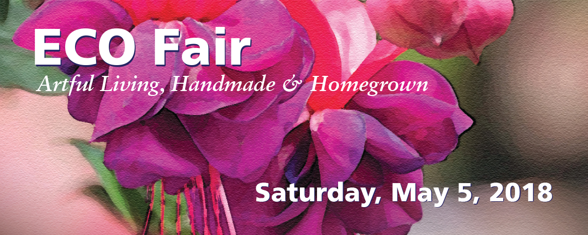 Banner for ECO fair with purple watercolor flowers. Saturday, May 5, 2018.