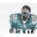 A bust illustration of Brian Dawkins in his Eagles uniform, created with the words of a speech to his teammates. Created by Daniel Duffy.