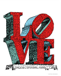 Depiction of the famous LOVE sign in Philadelphia, the image created with words describing key parts of Philadelphia culture by Daniel Duffy.