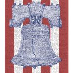 Depiction of the Liberty Bell in front of four red stripes created with the words of the Declaration of Independence. Created by Daniel Duffy.