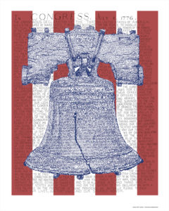 Depiction of the Liberty Bell in front of four red stripes created with the words of the Declaration of Independence. Created by Daniel Duffy.