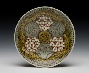 A yellow, white, and grey bowl decorated with complex patterns, by Lana Heckendorn