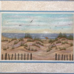 An acrylic on cotton quilted wall hanging of dunes at the beach with a quiet ocean in the background and seagulls overhead by Donna Stufft