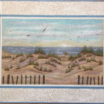 An acrylic on cotton quilted wall hanging of dunes at the beach with a quiet ocean in the background and seagulls overhead by Donna Stufft