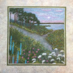 An acrylic on cotton quilted wall hanging of a nature trail with flowers in the foreground and a river in the distance by Donna Stufft