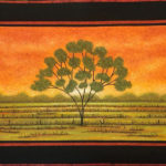 An acrylic on cotton quilted wall hanging of a tree in a wide open field at sunset by Donna Stufft