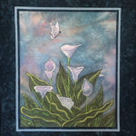 An acrylic on cotton quilted wall hanging of a butterfly flying over light purple flowers by Donna Stufft