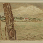 A hand inked metal plate print of a landscape over the water with a building in the distance. Created by Maryann Cannon.