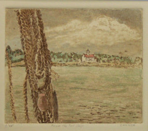A hand inked metal plate print of a landscape over the water with a building in the distance. Created by Maryann Cannon.