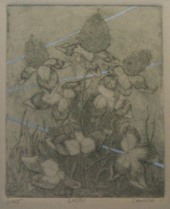 A metal plate print of flowers with three white lines running behind and through them. Created by Maryann Cannon.