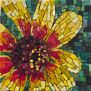 Yellow and red Smalti flower mosaic on green background
