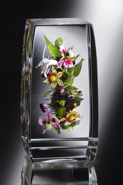 Standing curved cuboid paperweight of an orchid bouquet. Created by Paul Stankard.