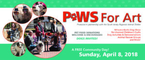 Banner. PAWS for Art on Sunday April 8, 2018. Pictures of dogs and their owners with list of activities.