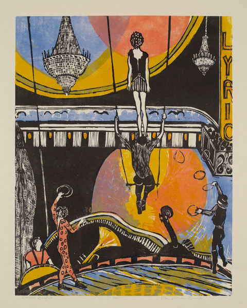 Woodblock print of a circus scene in a theater with trapeze artists and ring tossers on a stage. Created by Ellen Singer.