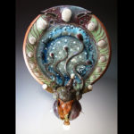 Warrior's Fantasy. Stoneware and porcelain clay with melted-in glass. Decorative wall piece. 26"x22"x6"