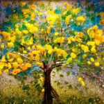 Fused glass panel of a tree with yellow autumn leaves by Katherine Cheetham