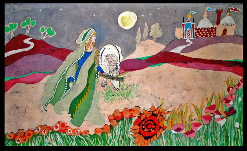 Mixed media painting of a girl and a unicorn by a field of flowers with a castle in the far distance, by artist Ahmi Goldfarb