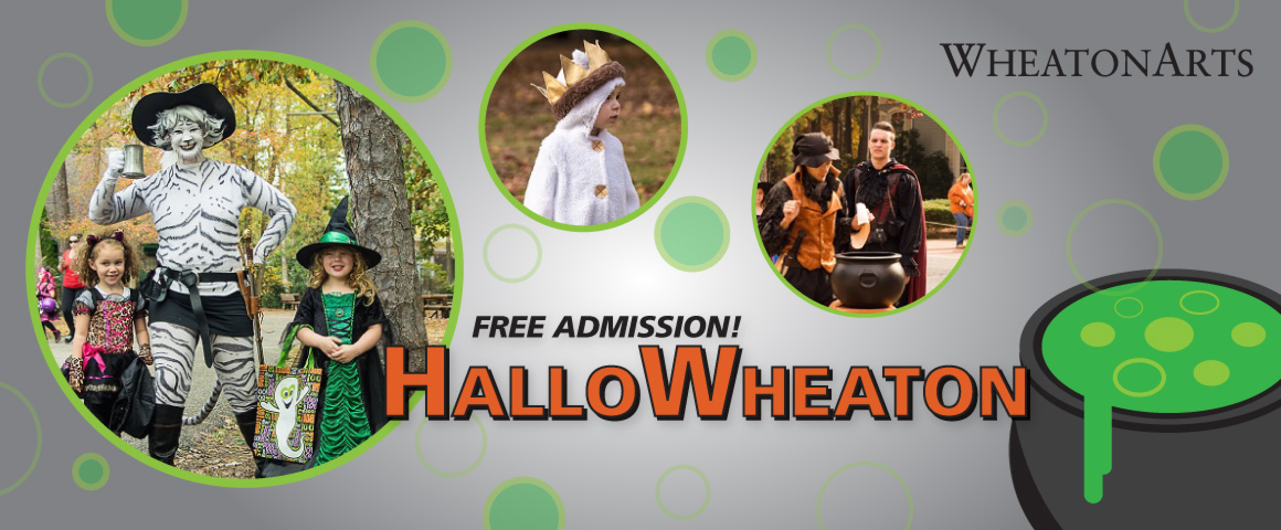 HalloWheaton banner with cartoon cauldron with green bubbles and photos of kids in halloween costumes flowing out.