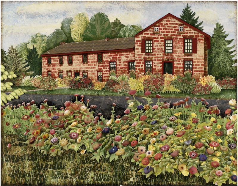 Mixed media landscape of a barn surrounded by trees, an abundance of flowers, and a blue sky by artist Diane Kaylor