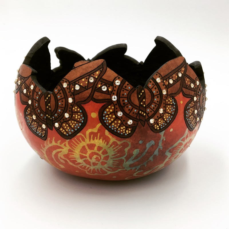 Carved and painted gourd bowl decorated with brown sequin embellished butterflies and flowers, created by Barbara Lovelace