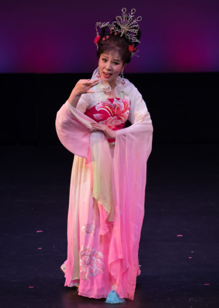 XiaoFang Chen dressed elegantly in pink, performing Huangmei Opera episodes