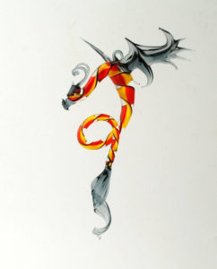 Small, intricate orange and black flamework dragon by Thomas Von Koch