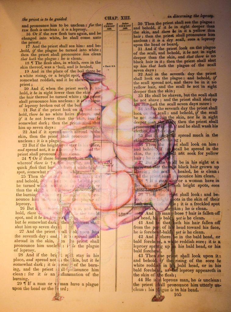 A sketch by Jesse Krimes of pink glass bulging through a mesh on a piece of beige printed book paper.