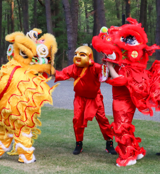 Red Dragon and Yellow Lion dance with Big Head Buddha between them.