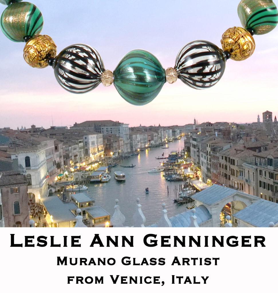 Leslie Ann Genninger, Murand Glass Artist, from Venice, Italy. Image with glass beads hanging about a photo of Venice.