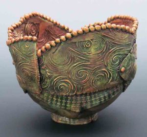 Clay Bowl with swirling orange and green designs by Amy Block