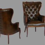 A front and back view of a brown leather chair by Olya Bragger